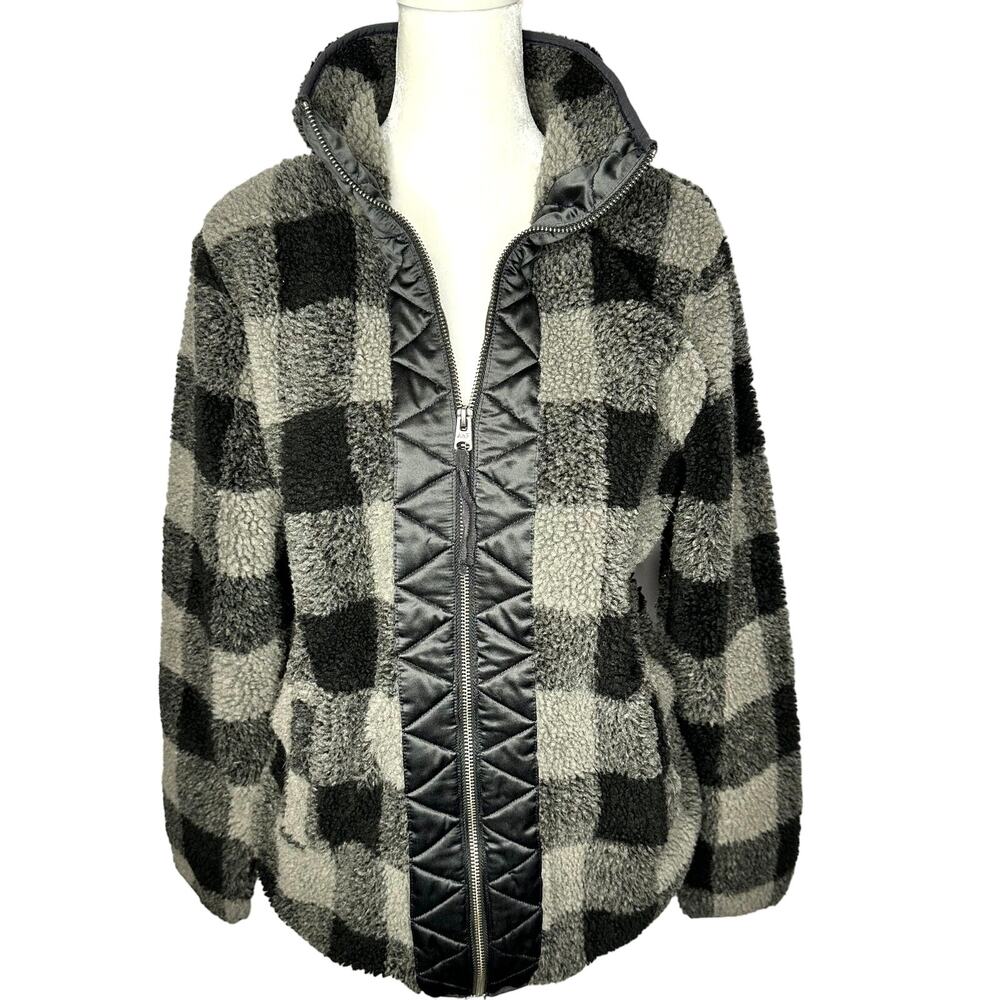 Abercrombie & Fitch Shacket Gray Black Sherpa‎ Zip Up Sweater Jacket Small